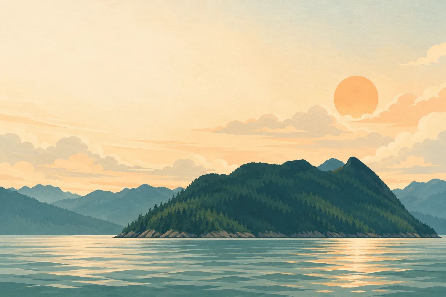 Painted illustration of Anvil Island with layered teal mountains, calm sea and a warm coastal sky
